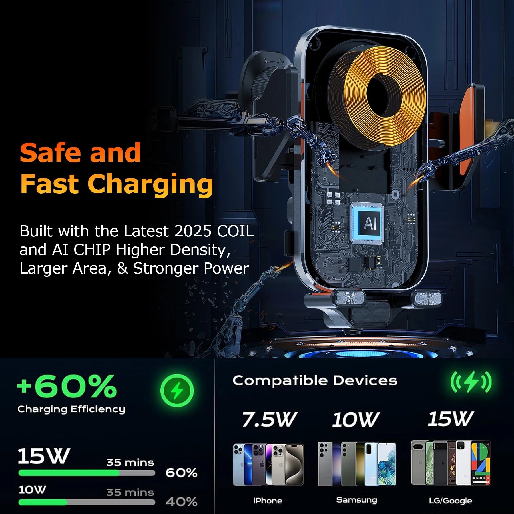 X16S Wireless Car Charger,15W Fast Charging Auto Clamping Car Charger for Dash Windshield Air Vent Compatible,Hands-Free Phone Holder Car Mount for Iphone 16 15 14, Samsung Galaxy,Google, Etc