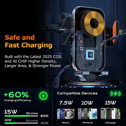X16S Wireless Car Charger,15W Fast Charging Auto Clamping Car Charger for Dash Windshield Air Vent Compatible,Hands-Free Phone Holder Car Mount for Iphone 16 15 14, Samsung Galaxy,Google, Etc