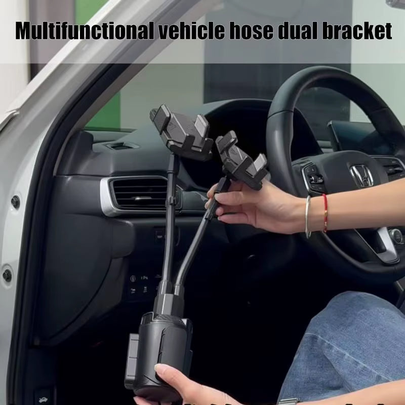 Phone Stand for Car Gooseneck Double Phone Holder Cradle Rotatable Car Cell Phone Mount with Expandable Base for Truck Golf Cart