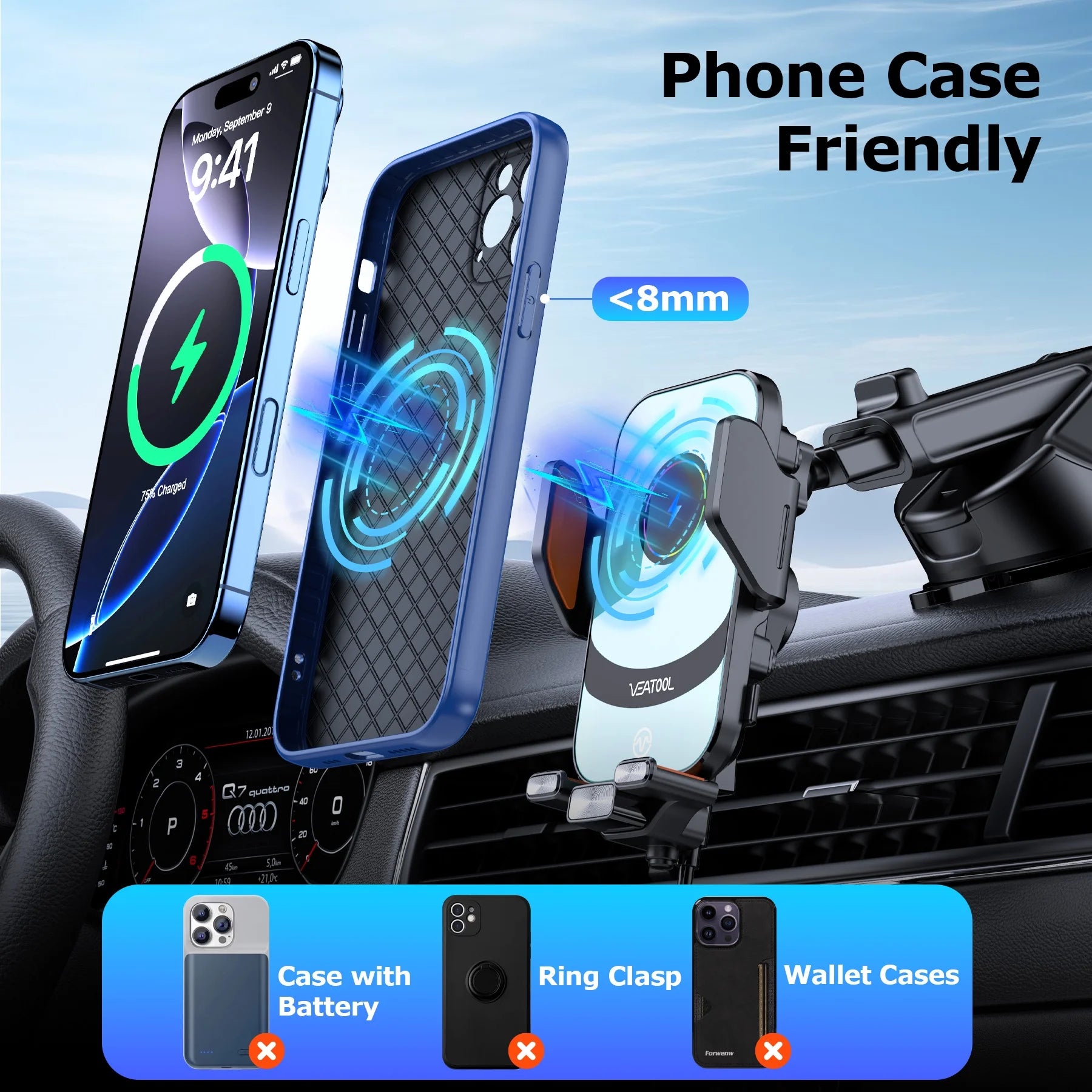 X16S Wireless Car Charger,15W Fast Charging Auto Clamping Car Charger for Dash Windshield Air Vent Compatible,Hands-Free Phone Holder Car Mount for Iphone 16 15 14, Samsung Galaxy,Google, Etc